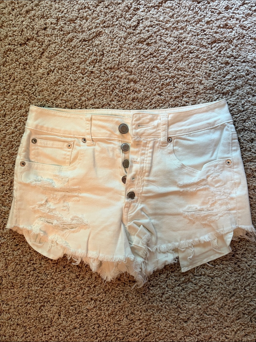 American Eagle Women’s Distressed White stretch Denim Button-Front Shorts